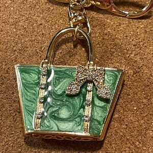 Elegant Green (swirl) with bow Enameled Purse Bag Charm Green and Gold Keychain